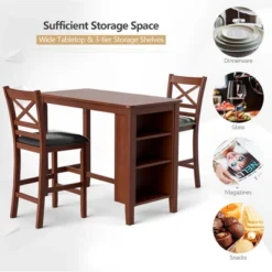 Costway 3PCS Pub Dining Table Set W/ Storage Shelves&2 Upholstered Chairs Walnut -Costway GUEST 2deebf7f 299e 4676 8a04 813b71016e60