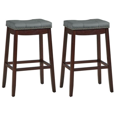 Costway Set Of 2 Nailhead Saddle Bar Stools 29'' Pub Chairs With Rubber Wood Legs Brown/White 9 Costway Set Of 2 Nailhead Saddle Bar Stools 29'' Pub Chairs With Rubber Wood Legs Brown/White - Image 9