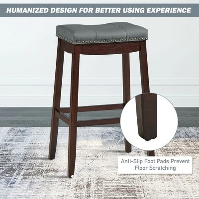 Costway Set Of 2 Nailhead Saddle Bar Stools 29'' Pub Chairs With Rubber Wood Legs Brown/White 7 Costway Set Of 2 Nailhead Saddle Bar Stools 29'' Pub Chairs With Rubber Wood Legs Brown/White - Image 7