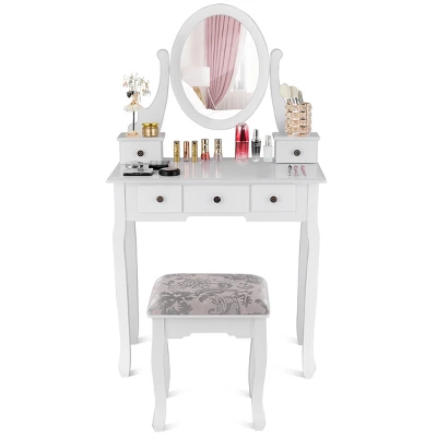 Costway Makeup Desk Vanity Dressing Table Oval Stool 5 Storage Drawers 9 Costway Makeup Desk Vanity Dressing Table Oval Stool 5 Storage Drawers - Image 9