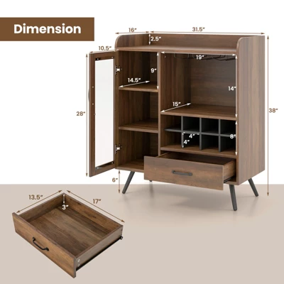 Costway Kitchen Storage Cabinet Sideboard With 3-Row Wineglass Holder Removable Rack Tempered Glass Door & Anti-Tipping Kits 2 Costway Kitchen Storage Cabinet Sideboard With 3-Row Wineglass Holder Removable Rack Tempered Glass Door & Anti-Tipping Kits - Image 2