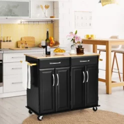 Costway 4-Door Rolling Kitchen Island Cart Buffet Cabinet W/ Towel Racks Drawers WhiteBlack