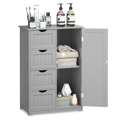 Costway Wooden 4 Drawer Bathroom Cabinet Storage Cupboard 2 Shelves Free Standing 6 Costway Wooden 4 Drawer Bathroom Cabinet Storage Cupboard 2 Shelves Free Standing - Image 6