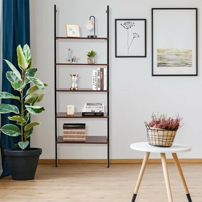 Costway 5-Tier Ladder Shelf Wood Wall Mounted Display Bookshelf Metal Frame Brown & Black/Brown & White/Bronze 2 Costway 5-Tier Ladder Shelf Wood Wall Mounted Display Bookshelf Metal Frame Brown & Black/Brown & White/Bronze - Image 2