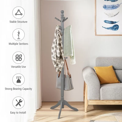 Costway Coat Rack Wooden Hall Tree 2 Adjustable Height W/ 9 Hooks WalnutBlack Grey 5 Costway Coat Rack Wooden Hall Tree 2 Adjustable Height W/ 9 Hooks WalnutBlack Grey - Image 5