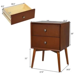 Costway 2PCS Nightstand Mid-Century End Side Table 2 Drawer Rubber Wood Legs Living Room
