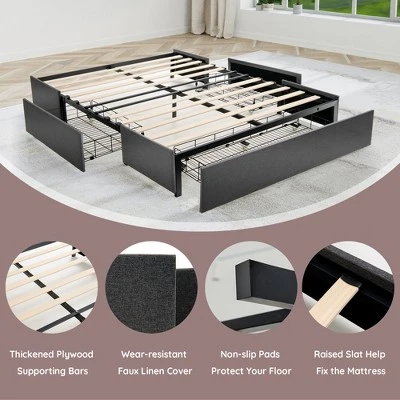 Costway Platform Bed Frame With 3 Storage Drawers Mattress Foundation Grey 7 Costway Platform Bed Frame With 3 Storage Drawers Mattress Foundation Grey - Image 7