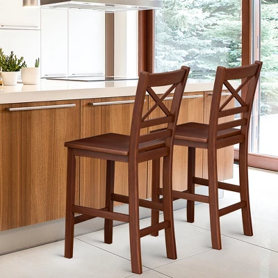 Costway Set Of 2 Bar Stools 24'' Counter Height Chairs W/ Rubber Wood Legs Walnut 1 Costway Set Of 2 Bar Stools 24'' Counter Height Chairs W/ Rubber Wood Legs Walnut