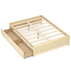 Costway 31 Costway Full/Queen Size Wooden Platform Bed With 2 Rolling Storage Drawers Wood Slat Support Natural/White