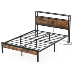 Costway Twin/Full/Queen Bed Frame With Storage Headboard Charging Station 18W USB C Port Rustic Brown