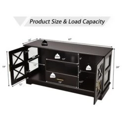 Costway Glass Door TV Stand Entertainment Center W/ Drawer Storage Shelves Brown