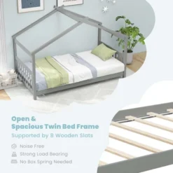 Costway Twin Size House Bed With Roof Wooden Low Floor Bed No Box Spring Needed Grey -Costway GUEST 37f79567 dfea 40ed 992b 3fc17a0f8774