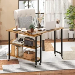 Costway 360° Rotatable Sofa Side Table L-shaped Laptop Desk Snack Table WithShelf Patented Brown/Natural/Walnut/Rustic Brown -Costway GUEST 38786911 fd23 47f9 90ea 66db2a83e219