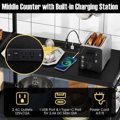 Costway Bakers Rack 5-Tier Coffee Bar Table With 10 S-Shaped Hooks & Power Outlets Rustic Brown/Black 5 Costway Bakers Rack 5-Tier Coffee Bar Table With 10 S-Shaped Hooks & Power Outlets Rustic Brown/Black - Image 5