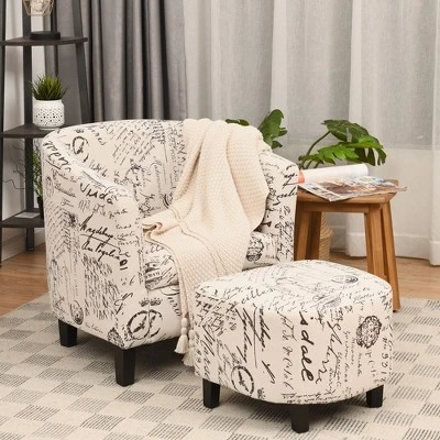 Costway Barrel Modern Accent Tub Upholstered Chair French Print W/ Ottoman 2 Costway Barrel Modern Accent Tub Upholstered Chair French Print W/ Ottoman - Image 2