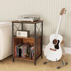 Costway Mobile Record Player Stand With Power Outlet Open Shelf & Dividers Metal Frame
