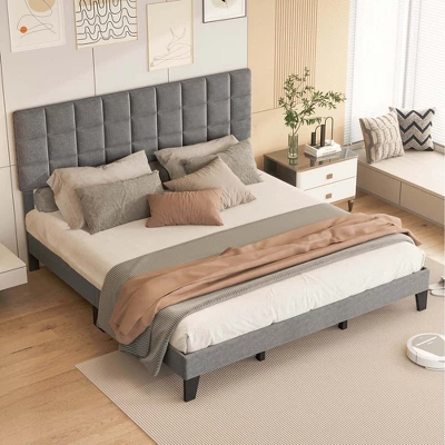 Costway Full/Queen/King Size Bed Frame Modern Linen Fabric Upholstered Platform Bed With Headboard 4 Costway Full/Queen/King Size Bed Frame Modern Linen Fabric Upholstered Platform Bed With Headboard - Image 4