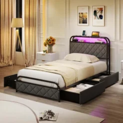 Costway Twin/Full/Queen Size Bed Frame With LED Lights & Charging Station Storage Headboard Black -Costway GUEST 3f0f9161 608e 4f11 9b3e 54109b3370cc
