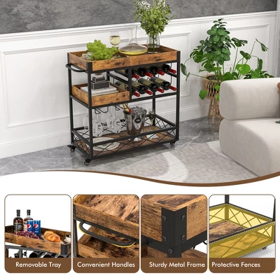 Costway 3-Tier Mobile Bar Serving Cart Liquor Storage Trolley With Removable Tray Wine Rack 5 Costway 3-Tier Mobile Bar Serving Cart Liquor Storage Trolley With Removable Tray Wine Rack - Image 5