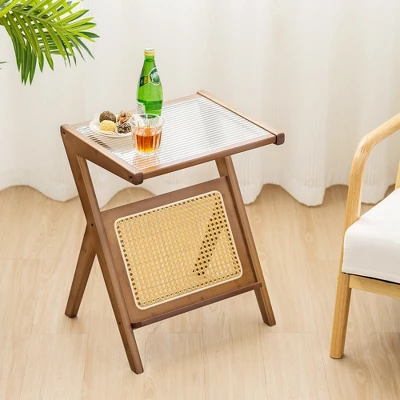 Costway Rattan Side Table Bamboo Accent Bedside Table With Tempered Glass Top Walnut/Natural 1 Costway Rattan Side Table Bamboo Accent Bedside Table With Tempered Glass Top Walnut/Natural