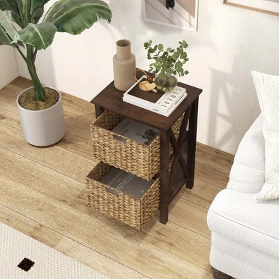 Costway 1/2 PCS 2-Tier Nightstand With 2 Seagrass Baskets Rubber Wood X-Shaped Frames 2 Drawers 3 Costway 1/2 PCS 2-Tier Nightstand With 2 Seagrass Baskets Rubber Wood X-Shaped Frames 2 Drawers - Image 3