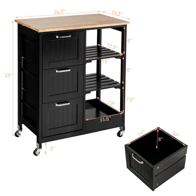 Costway Rolling Kitchen Island Utility Storage Cart W/ 3 Storage Drawers & Shelves White/Black 2 Costway Rolling Kitchen Island Utility Storage Cart W/ 3 Storage Drawers & Shelves White/Black - Image 2