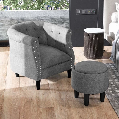 Costway Modern Accent Chair With Ottoman Armchair Barrel Sofa Chair With Footrest Grey 3 Costway Modern Accent Chair With Ottoman Armchair Barrel Sofa Chair With Footrest Grey - Image 3
