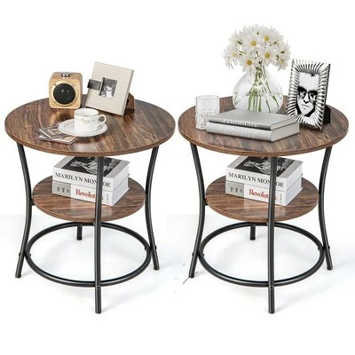 Costway 2 PCS 2-Tier Sofa Side End Table Round Nightstand With Sturdy Metal Frame Brown/Oak 10 Costway 2 PCS 2-Tier Sofa Side End Table Round Nightstand With Sturdy Metal Frame Brown/Oak - Image 10