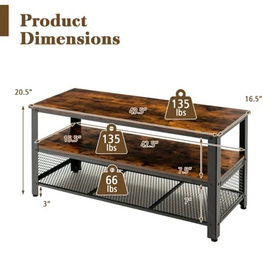 Costway 3-Tier TV Stand For 50-Inch Flat Screen TVs Entertainment Center Open Shelves Steel Frame TV Console Table Living Room Entryway Rustic Brown 5 Costway 3-Tier TV Stand For 50-Inch Flat Screen TVs Entertainment Center Open Shelves Steel Frame TV Console Table Living Room Entryway Rustic Brown - Image 5