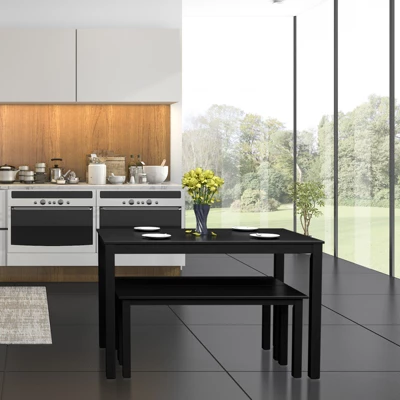 3pcs Dining Set Modern Studio Collection Table With 2 Benches Wood Legs Black 4 3pcs Dining Set Modern Studio Collection Table With 2 Benches Wood Legs Black - Image 4