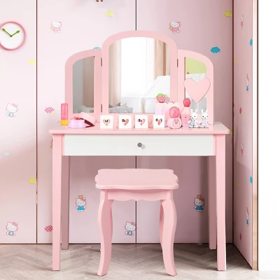 Costway Kids Vanity Set Princess Makeup Dressing Play Table Set W/Mirror White Pink 9 Costway Kids Vanity Set Princess Makeup Dressing Play Table Set W/Mirror White Pink - Image 9