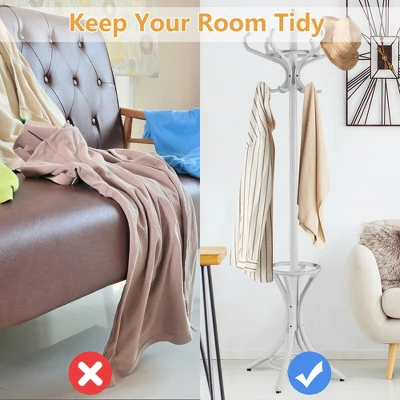 Costway Wood Standing Hat Coat Rack Jacket Bag Hanger Tree W/12 Hooks & Umbrella Stand 8 Costway Wood Standing Hat Coat Rack Jacket Bag Hanger Tree W/12 Hooks & Umbrella Stand - Image 8