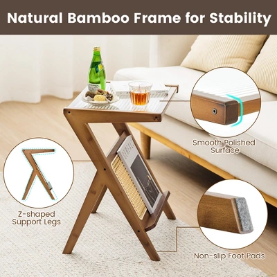 Costway Rattan Side Table Bamboo Accent Bedside Table With Tempered Glass Top Walnut/Natural 7 Costway Rattan Side Table Bamboo Accent Bedside Table With Tempered Glass Top Walnut/Natural - Image 7