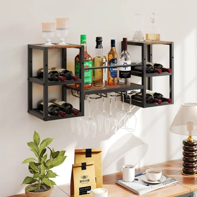 Costway 3-Tier Wall Mounted Wine Rack With Glass Holder Open Shelf Wine Storage Rack Brown 1 Costway 3-Tier Wall Mounted Wine Rack With Glass Holder Open Shelf Wine Storage Rack Brown