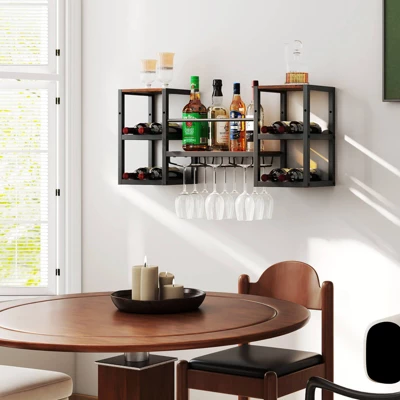 Costway 3-Tier Wall Mounted Wine Rack With Glass Holder Open Shelf Wine Storage Rack Brown 5 Costway 3-Tier Wall Mounted Wine Rack With Glass Holder Open Shelf Wine Storage Rack Brown - Image 5