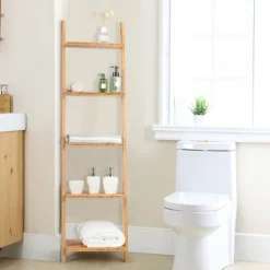 Costway 5-Tier Ladder Shelf Modern Bamboo Leaning Bookshelf Ladder Bookcase Open Display -Costway GUEST 52519b6e 625d 4261 867d c36449da3951