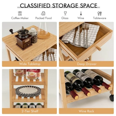 Costway Rolling Kitchen Island Utility Trolley Cart W/Drawer & Wine Rack 6 Costway Rolling Kitchen Island Utility Trolley Cart W/Drawer & Wine Rack - Image 6