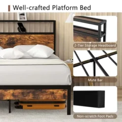 Costway Twin/Full/Queen Bed Frame With Storage Headboard Charging Station 18W USB C Port Rustic Brown -Costway GUEST 54603566 6048 4928 bf8e bbb6e76b7cfc