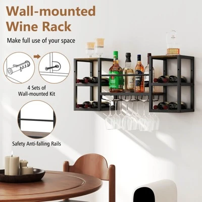 Costway 3-Tier Wall Mounted Wine Rack With Glass Holder Open Shelf Wine Storage Rack Brown 8 Costway 3-Tier Wall Mounted Wine Rack With Glass Holder Open Shelf Wine Storage Rack Brown - Image 8
