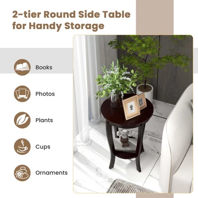 Costway 2-Tier End Table 18'' Round Compact Sofa Side Nightstand With Storage Shelf Espresso/White 4 Costway 2-Tier End Table 18'' Round Compact Sofa Side Nightstand With Storage Shelf Espresso/White - Image 4