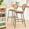 Costway Set Of 2 Bar Stools Faux Leather Bar Height Kitchen Chairs With Rattan Back Brown/Green