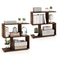 Costway 2 PCS 2-Tier Bookshelf Free Standing Wooden Display S-Shaped Shelf Storage Rack Black/Brown -Costway GUEST 56501e38 6e16 42a3 8197 a8c09e898229