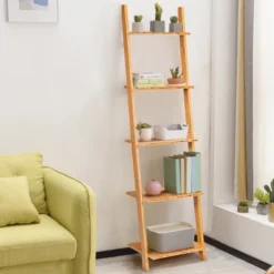 Costway 5-Tier Ladder Shelf Modern Bamboo Leaning Bookshelf Ladder Bookcase Open Display -Costway GUEST 56f29409 47af 45c8 b382 a5fc533b3b0b