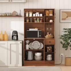 Costway 66" Pantry Cabinet Tall Kitchen Storage Cabinet With Charging Station Brown -Costway GUEST 57d7cd63 180b 48e1 8bf3 39151b906def