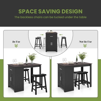 Costway 3 Pieces Bar Table Set Pub Dining Table With Saddle Stools & Storage Cabinet Black 3 Costway 3 Pieces Bar Table Set Pub Dining Table With Saddle Stools & Storage Cabinet Black - Image 3