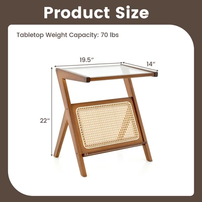 Costway Rattan Side Table Bamboo Accent Bedside Table With Tempered Glass Top Walnut/Natural 3 Costway Rattan Side Table Bamboo Accent Bedside Table With Tempered Glass Top Walnut/Natural - Image 3