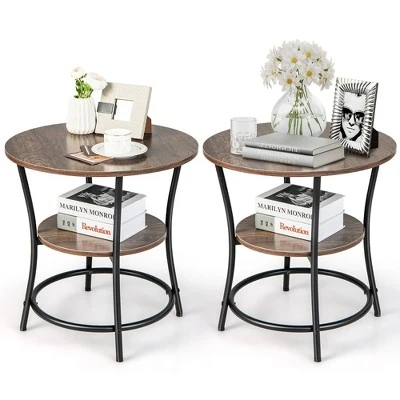 Costway 2 PCS 2-Tier Sofa Side End Table Round Nightstand With Sturdy Metal Frame Brown/Oak 11 Costway 2 PCS 2-Tier Sofa Side End Table Round Nightstand With Sturdy Metal Frame Brown/Oak - Image 11