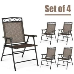 Costway Set Of 4 Patio Folding Chairs Sling Portable Dining Chair Set W/ Armrest