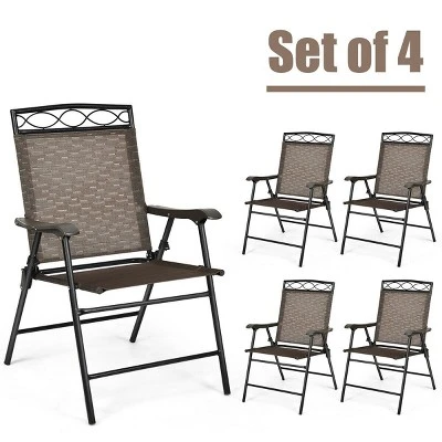 Costway Set Of 4 Patio Folding Chairs Sling Portable Dining Chair Set W/ Armrest 1 Costway Set Of 4 Patio Folding Chairs Sling Portable Dining Chair Set W/ Armrest