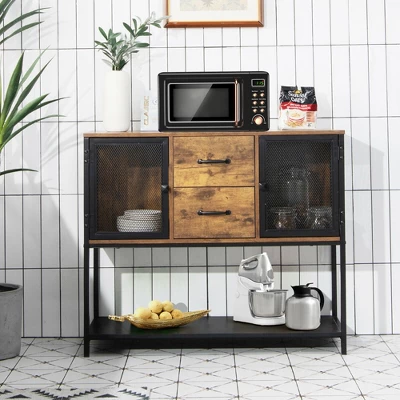 Costway Industrial Buffet Sideboard Kitchen Cupboard W/ Metal Mesh Doors & 2 Drawers 4 Costway Industrial Buffet Sideboard Kitchen Cupboard W/ Metal Mesh Doors & 2 Drawers - Image 4